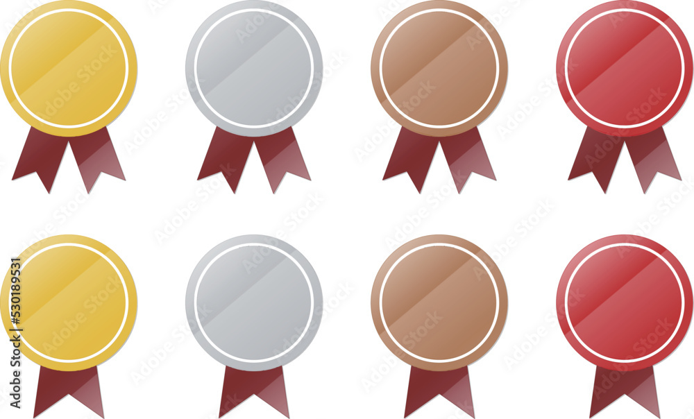 Glassy luster gold, silver, bronze, and red icon set with ribbon sign. Vector illustration isolated on transparent background. Glassy luster gold, silver, bronze, and red icon set with ribbon sign. Vector illustration isolated on transparent background.