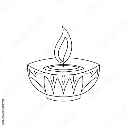 Burning candle in the outline style. Diwali Light Festival in India. Vector coloring.