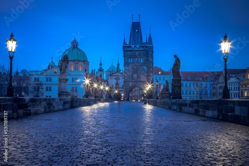 Charles bridge illuminated at night  Medieval Prague  Czech Republic