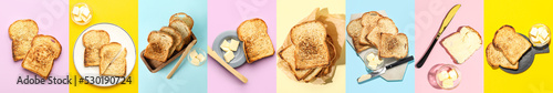 Collage of toasted bread with butter on color background, top view