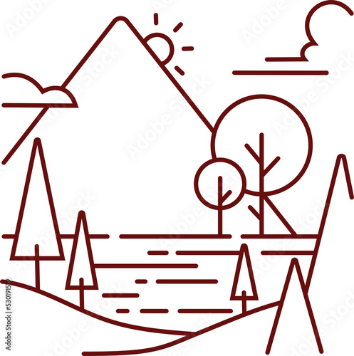 mountains mono line illustration of countryside landscape. minimalist outline for wall art, print, logo, and others design elements.