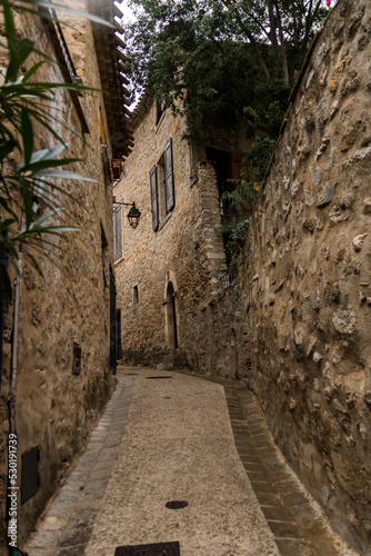narrow alley of Saint-Guilhem-le-D  sert in southern France