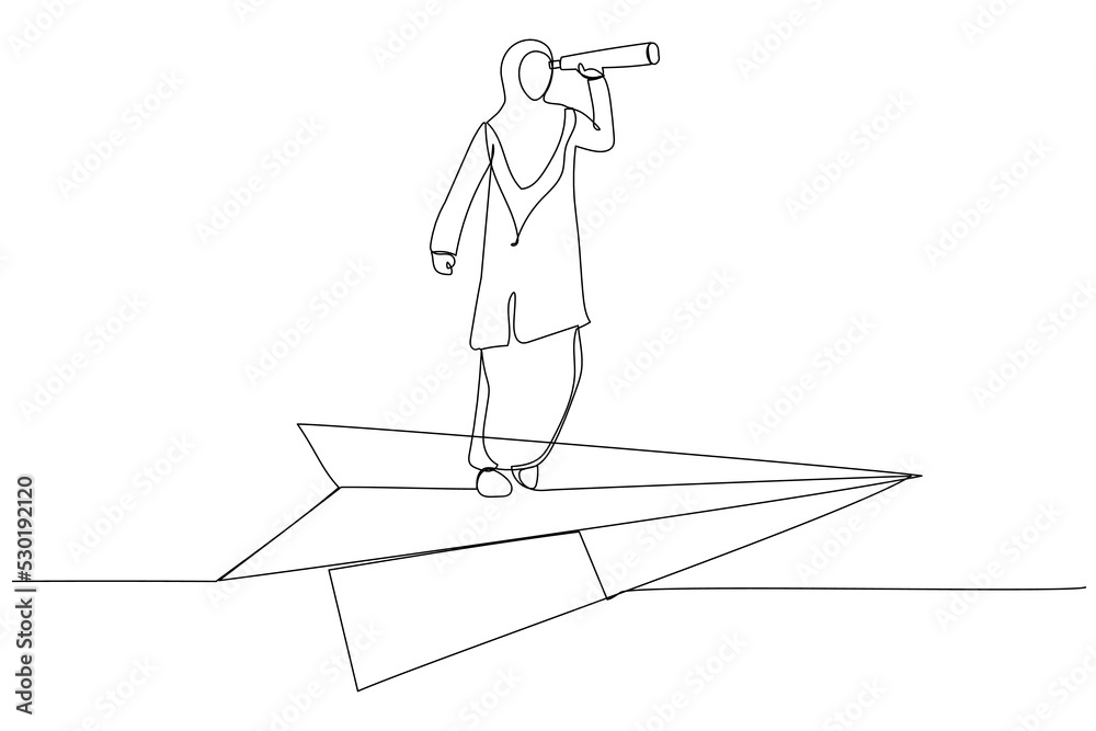 Illustration of muslim businesswoman flying on paper plane. Business visionary and investment opportunity illustration. One line art style Illustration of muslim businesswoman flying on paper plane. Business visionary and investment opportunity illustration. One line art style