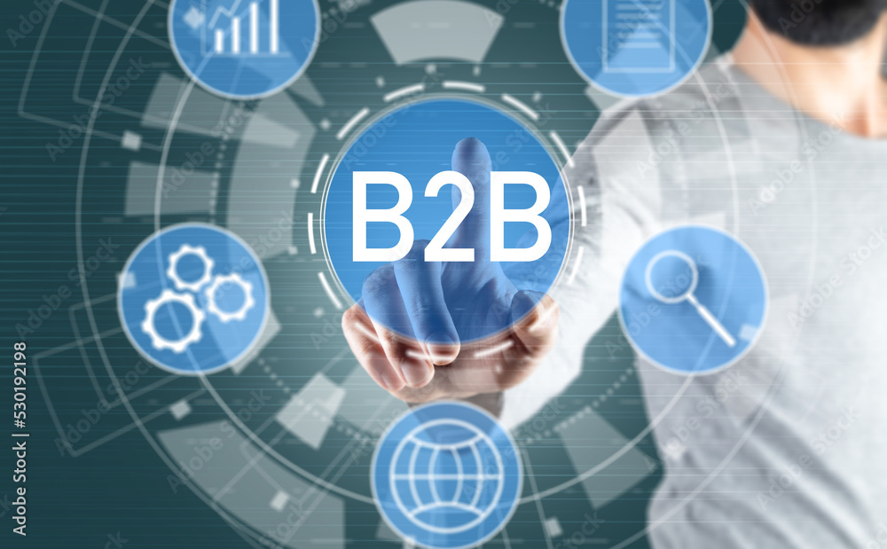 B2B and icons on a virtual screen. B2B and icons on a virtual screen.
