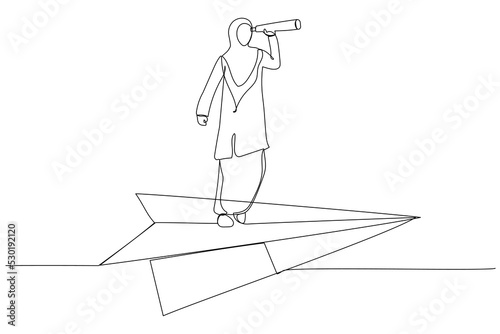Illustration of muslim businesswoman flying on paper plane. Business visionary and investment opportunity illustration. One line art style