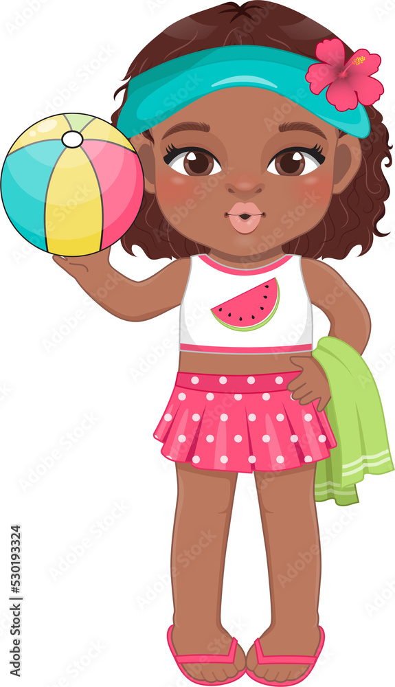 Beach black girl in summer holiday. American African kids holding colorful ball cartoon character design Beach black girl in summer holiday. American African kids holding colorful ball cartoon character design