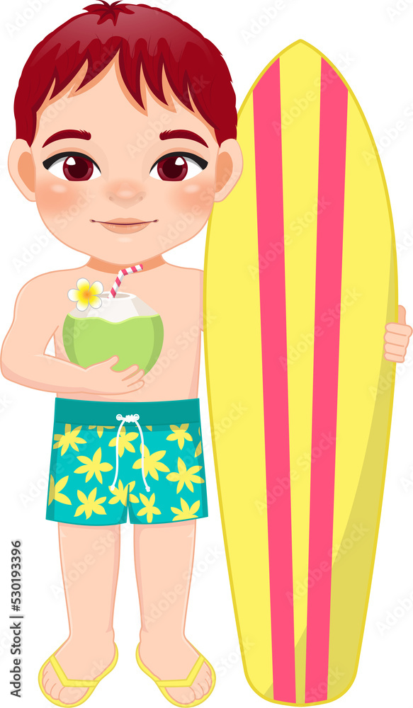 Beach boy in summer holiday. Kids holding surfboard and coconut juice cartoon character design Beach boy in summer holiday. Kids holding surfboard and coconut juice cartoon character design
