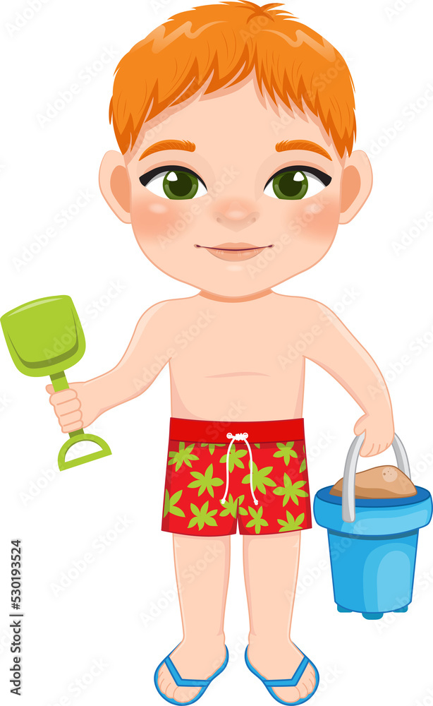 Beach black boy in summer holiday. Kid holding sand bucket cartoon character design Beach black boy in summer holiday. Kid holding sand bucket cartoon character design