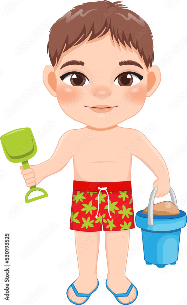 Beach black boy in summer holiday. Kid holding sand bucket cartoon character design Beach black boy in summer holiday. Kid holding sand bucket cartoon character design