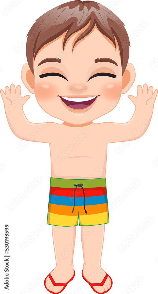 Fototapeta premium Cartoon happy little boy in a summer swimsuit