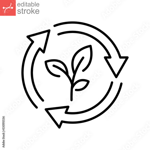 Organic recycle, reusable environmental icon. Eco green life style with leaf symbol and circular arrow. save environment. Editable stroke vector illustration. Design on white background. EPS 10