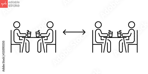 Two group people drinking coffee in cafe, safe table icon. New normal dine in concept. keep social distance as prevention spread of corona virus or Covid19. Editable stroke vector illustration EPS 10