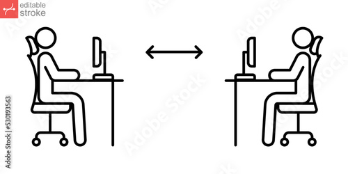 New normal concept in work office desk icon. Two people working, sit at their desk with a computer. Keep social distance in work place in covid19 pandemic. Editable stroke vector illustration. EPS 10