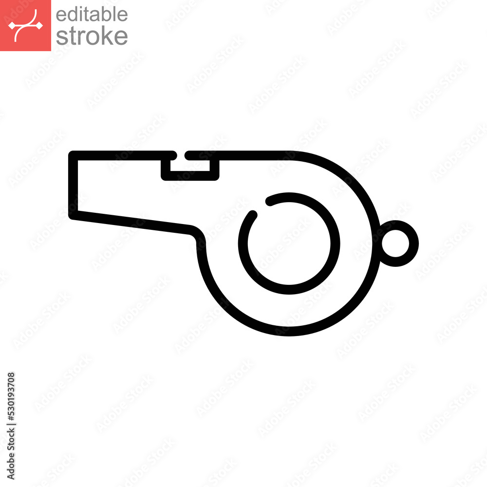 Whistle referee sport icon. Outdoor emergency loud sound as sports equipment. Silhouette line style pictogram. Editable stroke vector illustration. Design on white background. EPS 10 Whistle referee sport icon. Outdoor emergency loud sound as sports equipment. Silhouette line style pictogram. Editable stroke vector illustration. Design on white background. EPS 10
