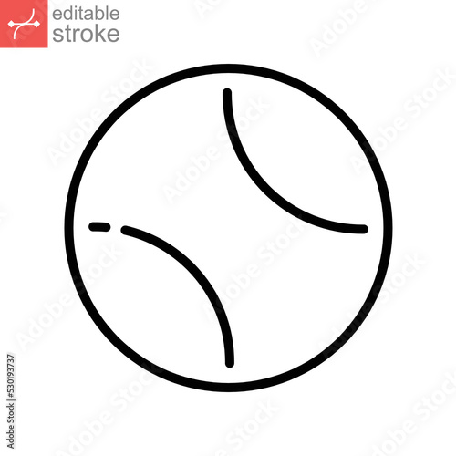 Tennis ball sport icon. a hollow rubber ball covered with felt. Golf equipment. Outline, line style, silhouette pictogram. Editable stroke. Vector illustration. Design on white background. EPS 10