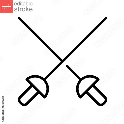 Fencing sword, sport icon. Cross rapiers, swords or fencing duel. athletes fight, action tournament. Sports Equipment. Editable stroke. Vector illustration. Design on white background. EPS 10