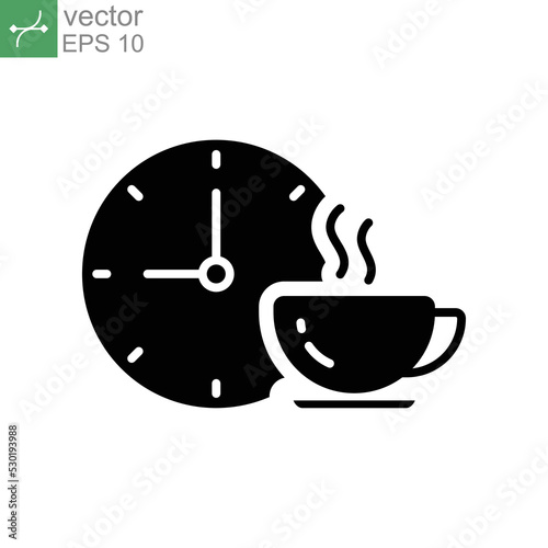 Coffee time icon, tea time. Hot coffee cup and time symbol for take a break or short rest period. Morning breakfast beverage. Glyph pictogram. vector illustration. Design on white background. EPS 10