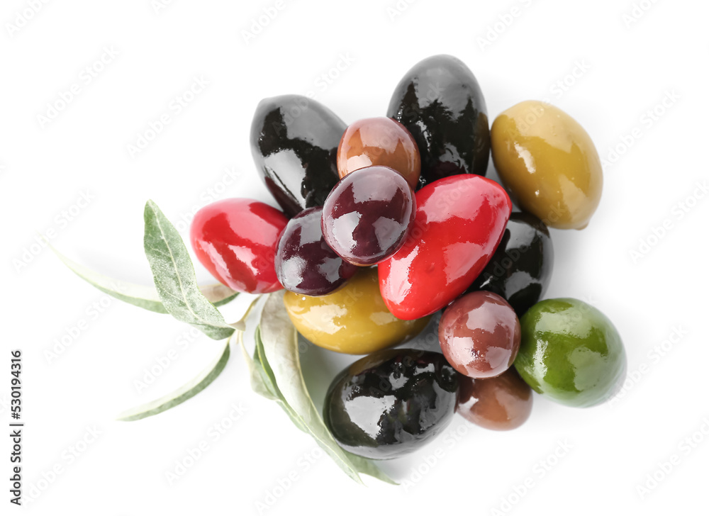 Heap of different delicious olives on white background Heap of different delicious olives on white background