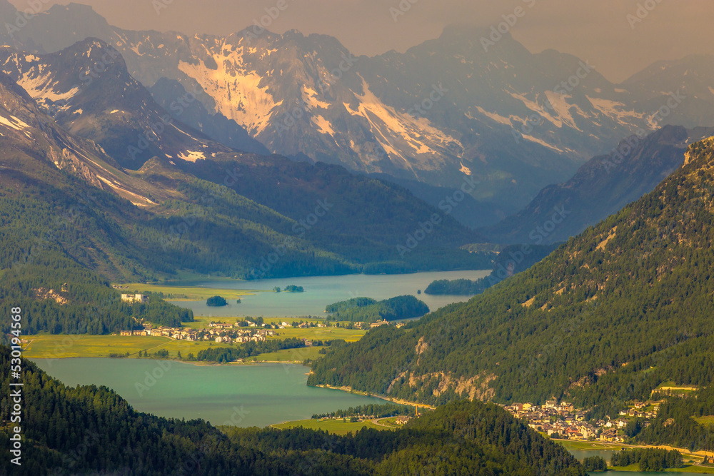 Celerina an Engadine Lakes, St Moritz, Silvaplana and Maloja from Muottas Muragl