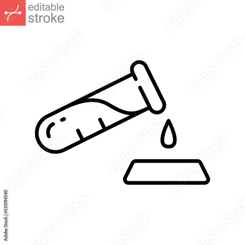Test tube with drop icon. Medical, chemical reagent. laboratory experiment. Dripping liquid from glass. line, outline pictogram. Editable stroke Vector illustration. Design on white background EPS 10