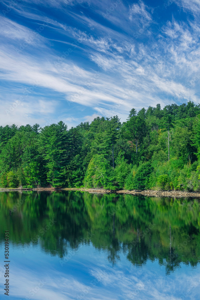 Lake water reflects lush green forest and sky
