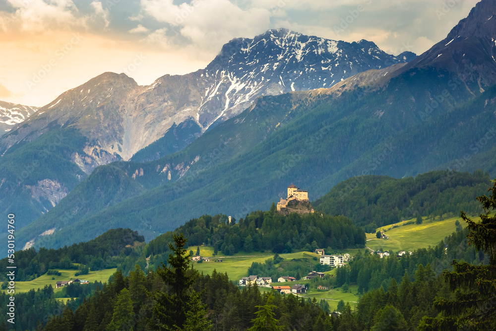 Fototapeta premium Tarasp in Lower Engadine Valley, Swiss Alps, Switzerland