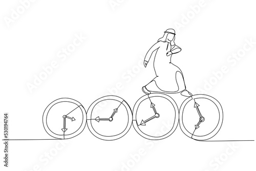 Illustration of arab businessman expert jumping on time passing alarm clock. Procrastination or work productivity concept. One line art style