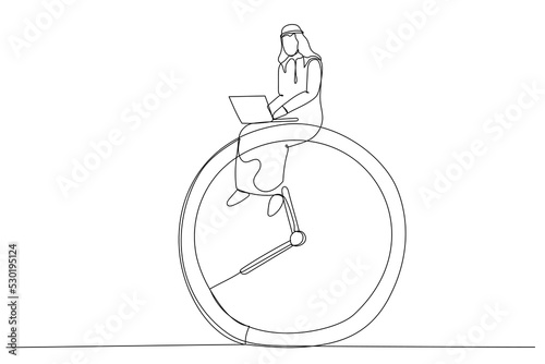 Drawing of arab businessman using computer laptop sitting on clock working. After hours worker, working late overtime concept. Single continuous line art