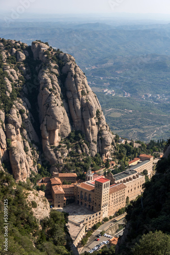 looking down at the abbey of montserrat near barcelona, spain