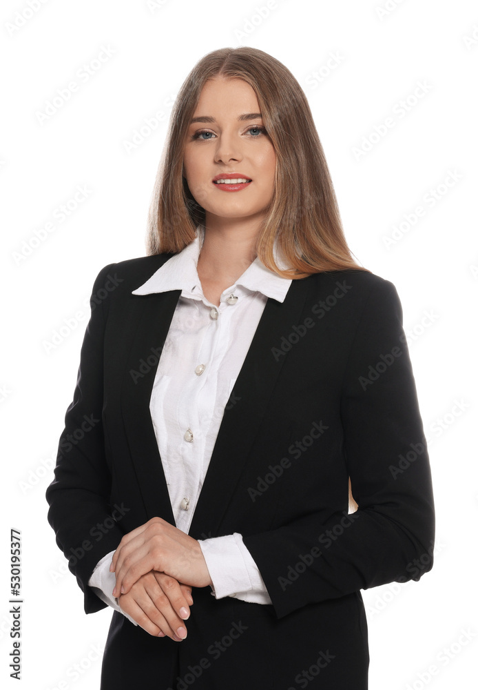 Portrait of young hostess in uniform on white background Portrait of young hostess in uniform on white background