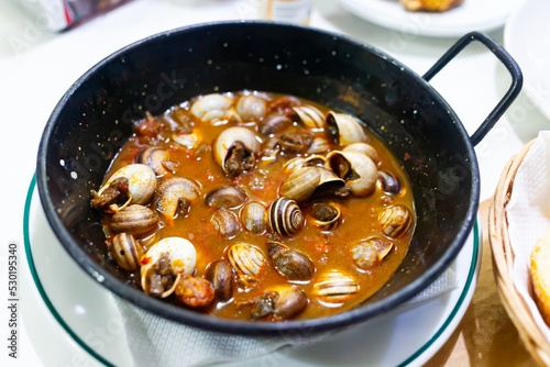 Picture of tasty baked in sauce snails in pan, nobody