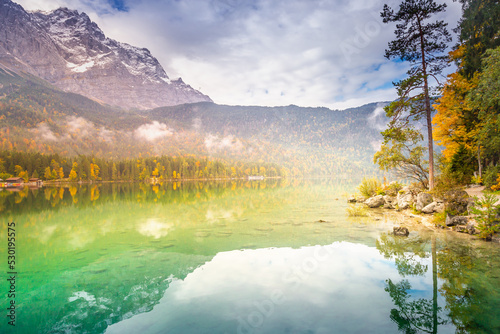 Eibsee lake with Zugspitze mountain range, German Alps, Bavaria, Germany