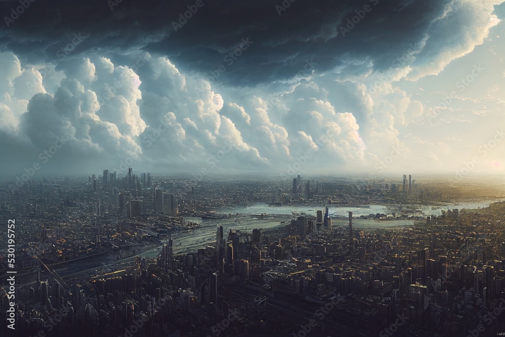 custom made wallpaper toronto digitallandscape with clouds, cyberpunk city, cartoon, drawing