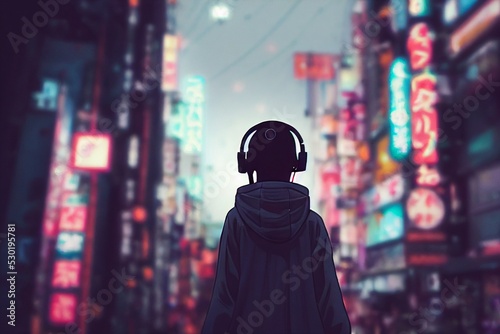 woman people walking in the city cyberpunk anime style