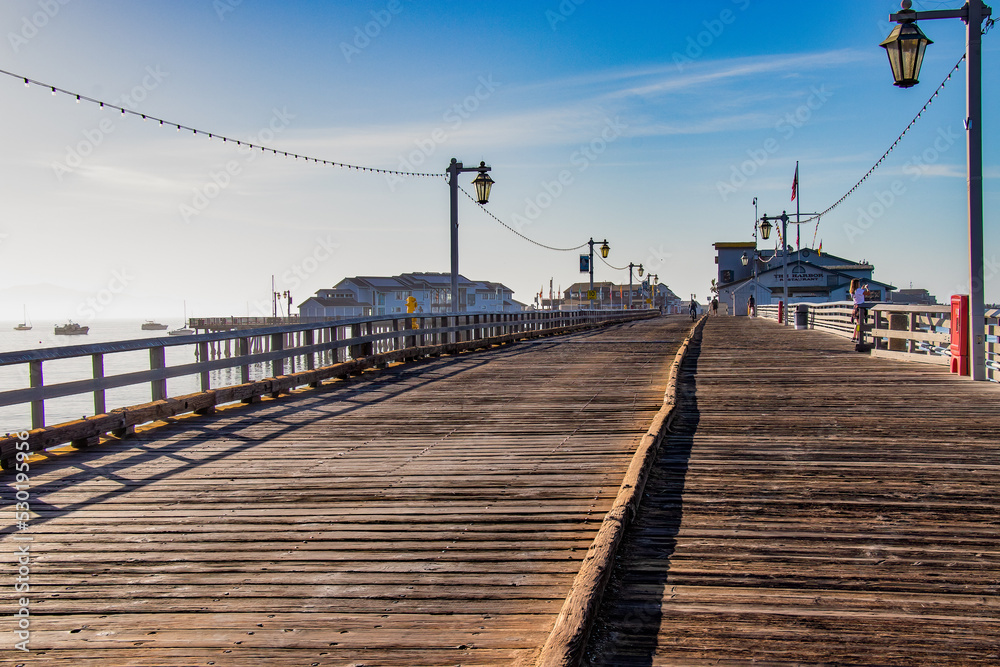 Santa Barbara, California. August 13 2022 - View of Stearn's Wharf in the early morning with tourists