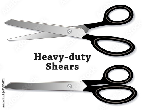 Heavy Duty Shears, black handle scissors pair, EPS organized so easy to re-position blades, for sewing, tailoring, quilting, home decorating, textile arts, do it yourself crafts, isolated on white