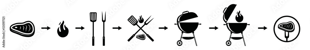 BBQ or barbecue cooking process with meat, fork, spatula, smoke and grill tools with fire symbol icon vector set