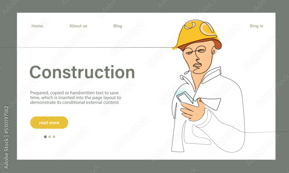 Vector landing page of architecture works with protective face masks for safety in machine industrial factory. Continuous one line drawing for your minimal design Vector landing page of architecture works with protective face masks for safety in machine industrial factory. Continuous one line drawing for your minimal design