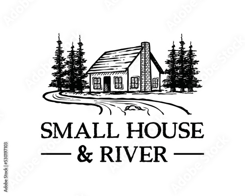 A house with a chimney with pine or fir or cypress trees next to it and a river illustration symbol icon hand drawn logo vector