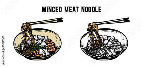 Minced meat noodle illustration hand draw logo vector. Eat noodles with chopsticks in the restaurant symbol icon vector
