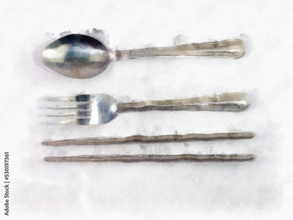 spoon fork and chopsticks on a white background watercolor style illustration impressionist painting. spoon fork and chopsticks on a white background watercolor style illustration impressionist painting.