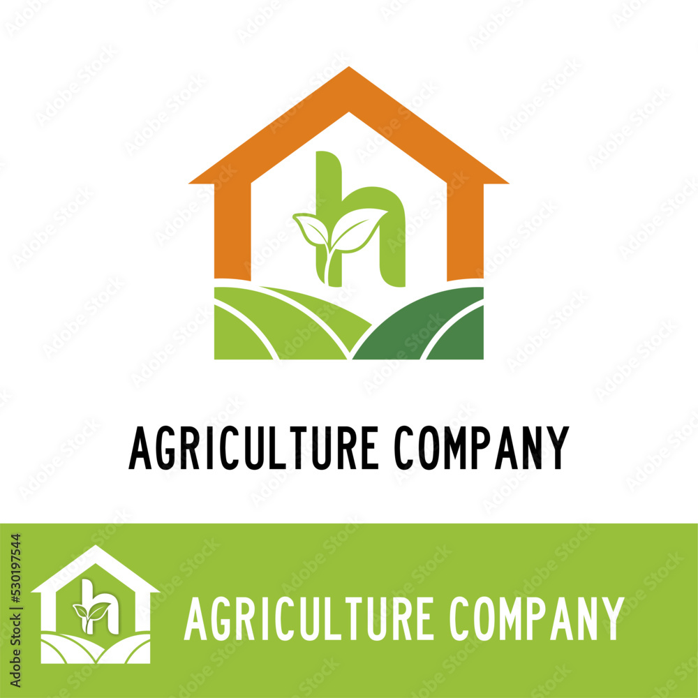 Initial h letter with land, leaves and house icon for Agriculture Farm house company logo concept idea Initial h letter with land, leaves and house icon for Agriculture Farm house company logo concept idea