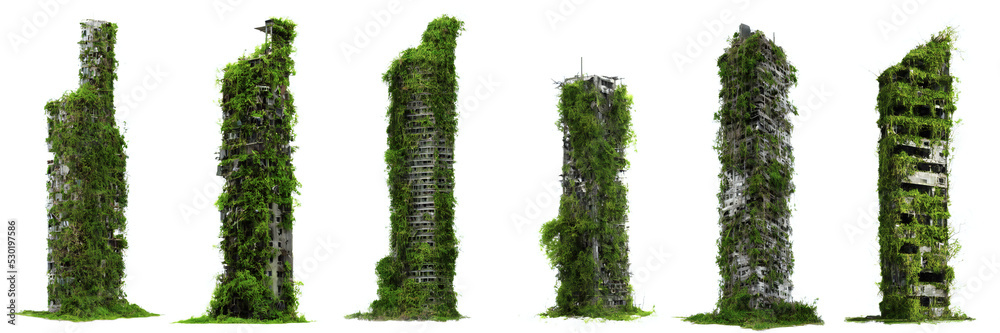 set of ruined overgrown skyscrapers, tall post-apocalyptic buildings isolated on white background - obrazy, fototapety, plakaty 