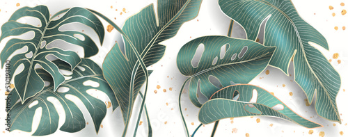 Abstract botanical art background with tropical leaves in green, blue and gold colors. Vector banner with exotic plants for decor, print, textile, wallpaper, packaging.