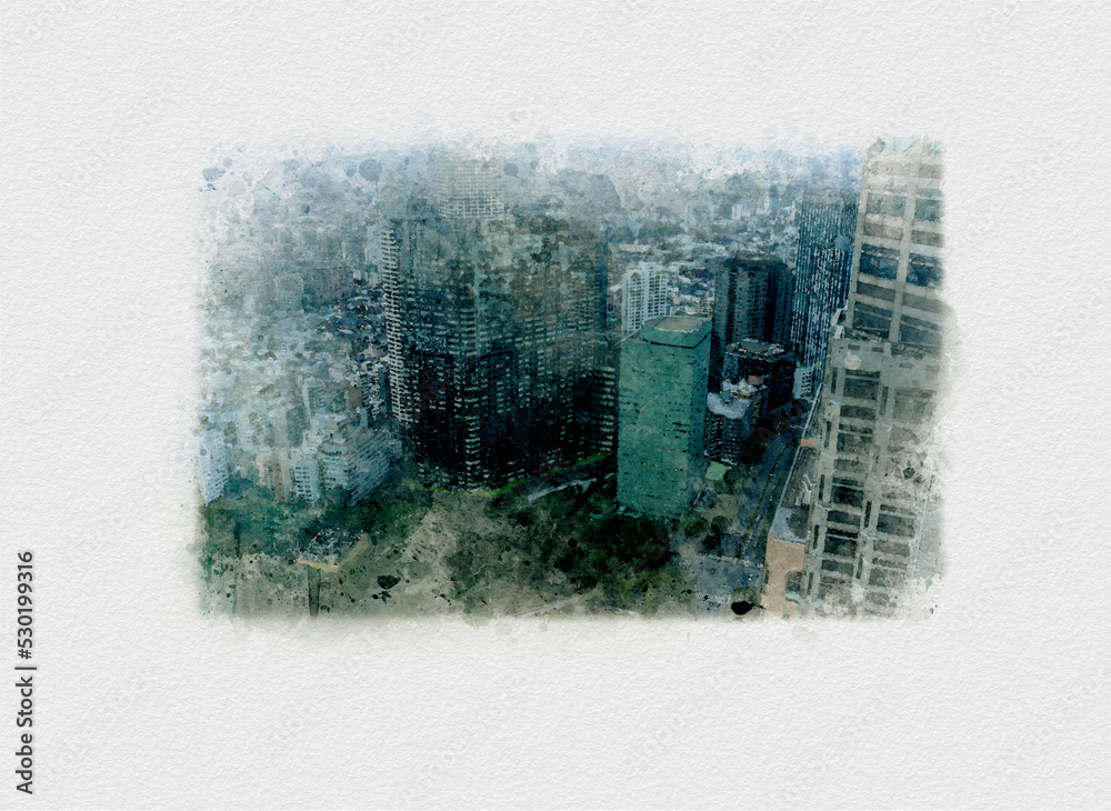 水彩画で描かれた新宿高層ビル,西新宿のイラスト,オフィスビル群の挿絵,建築物の日本画