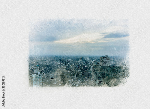 水彩画で描かれた新宿高層ビル,西新宿のイラスト,オフィスビル群の挿絵,建築物の日本画