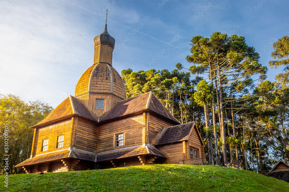 Wooden orthodox ukrainian church in Curitiba, capital of Parana state, Brazil