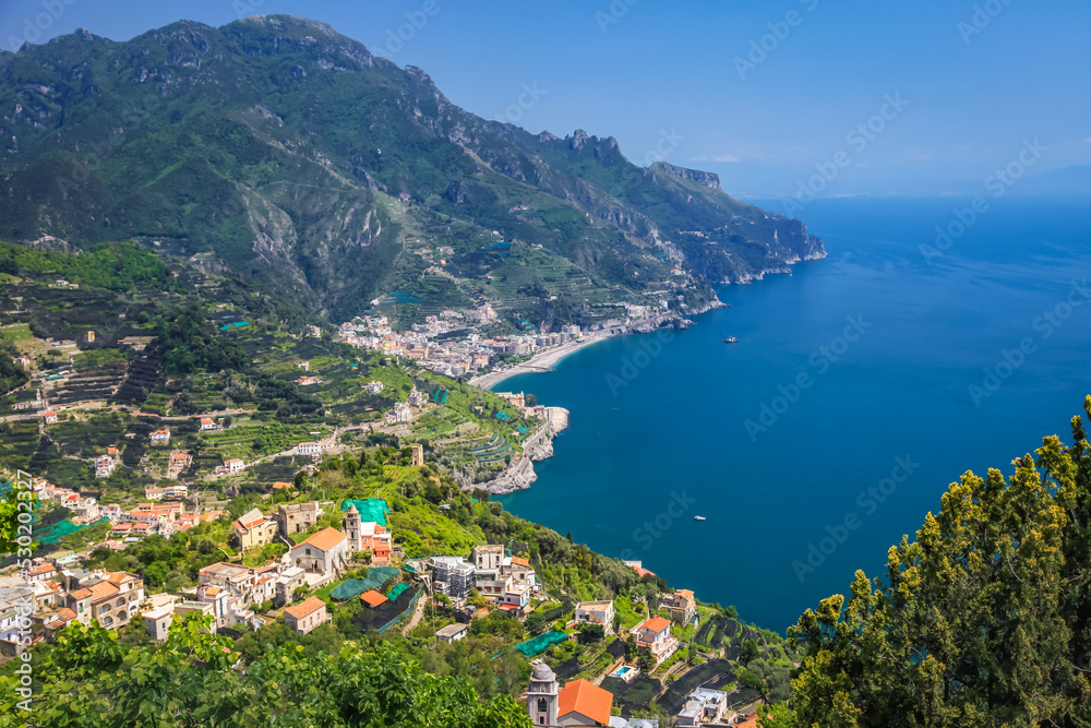 Amalfi Coast from idyllic gardens of Ravello, Campania, Italy, Southern Europe