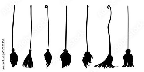 Set of different halloween witch brooms isolated on white background