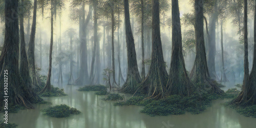 swamp in a cypress forest, lush flooded woodland with old trees, painting of a beautiful nature scene photo